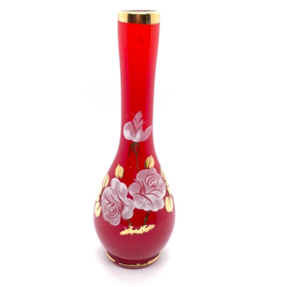 Vintage Ruby Red Glass Vase Art Glass 8.25x3"  White Gold Trimmed Hand Painted